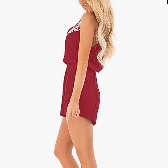 Woman’s Loose V Neck Spaghetti Strap Embroidered Short Rompers Jumpsuit - Picture 3 of 5